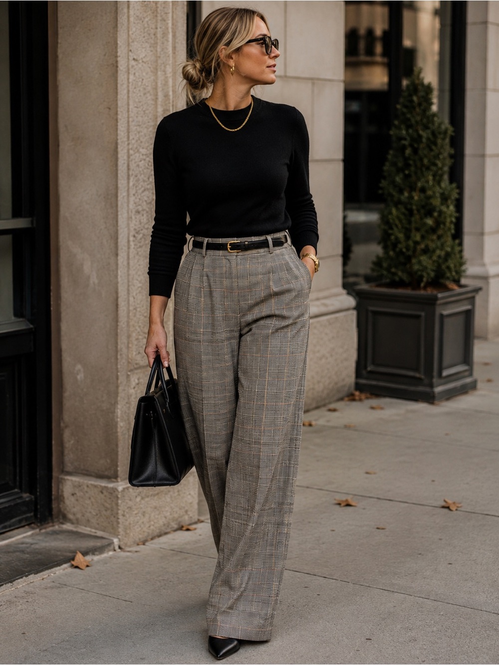 Wide-Leg Glen Plaid Trousers in Gray